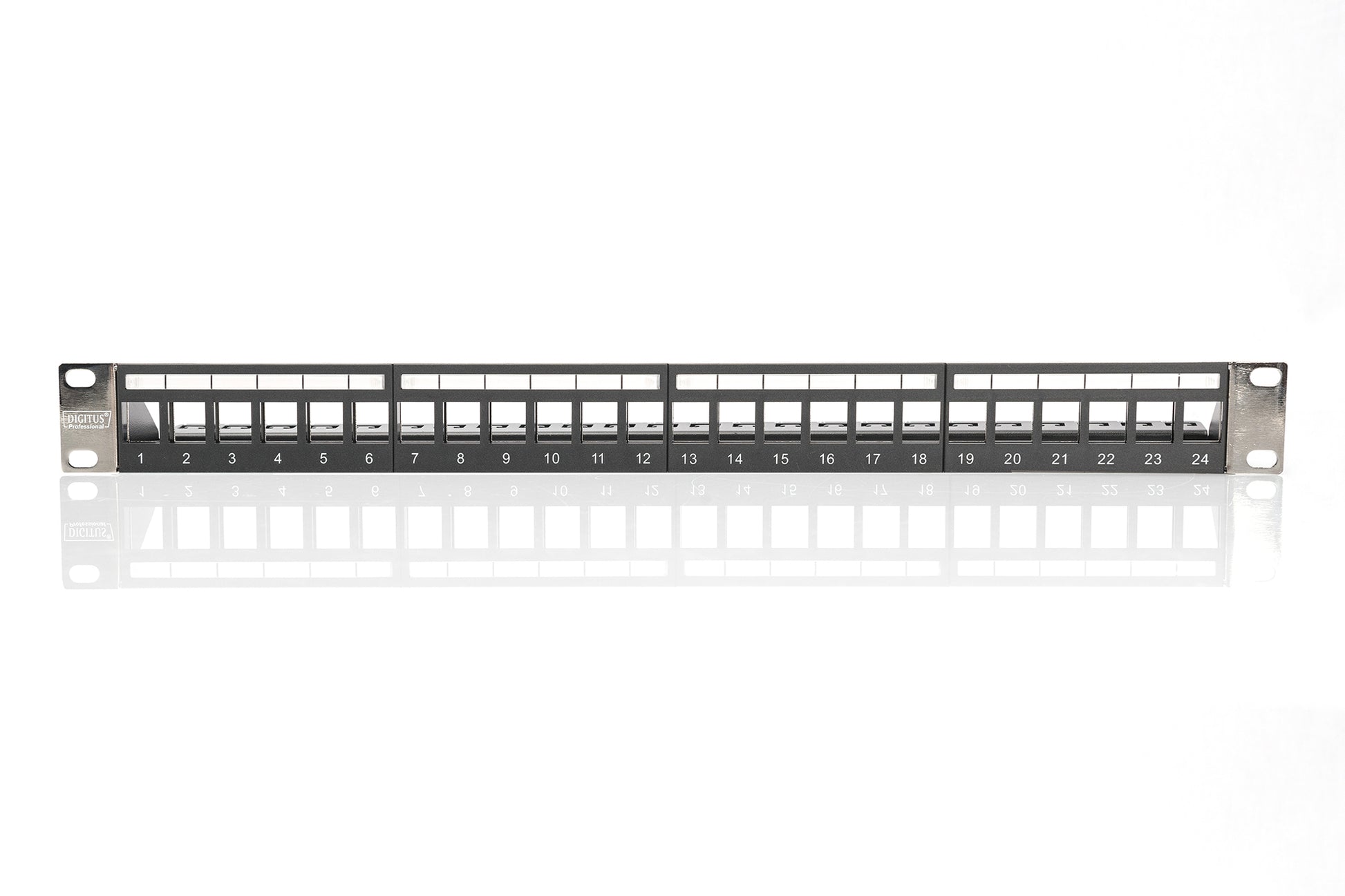 Digitus Patchpanel – 24-Port, unbestückt, 1U, schwarz, für Cat5e, Cat6, Cat6a