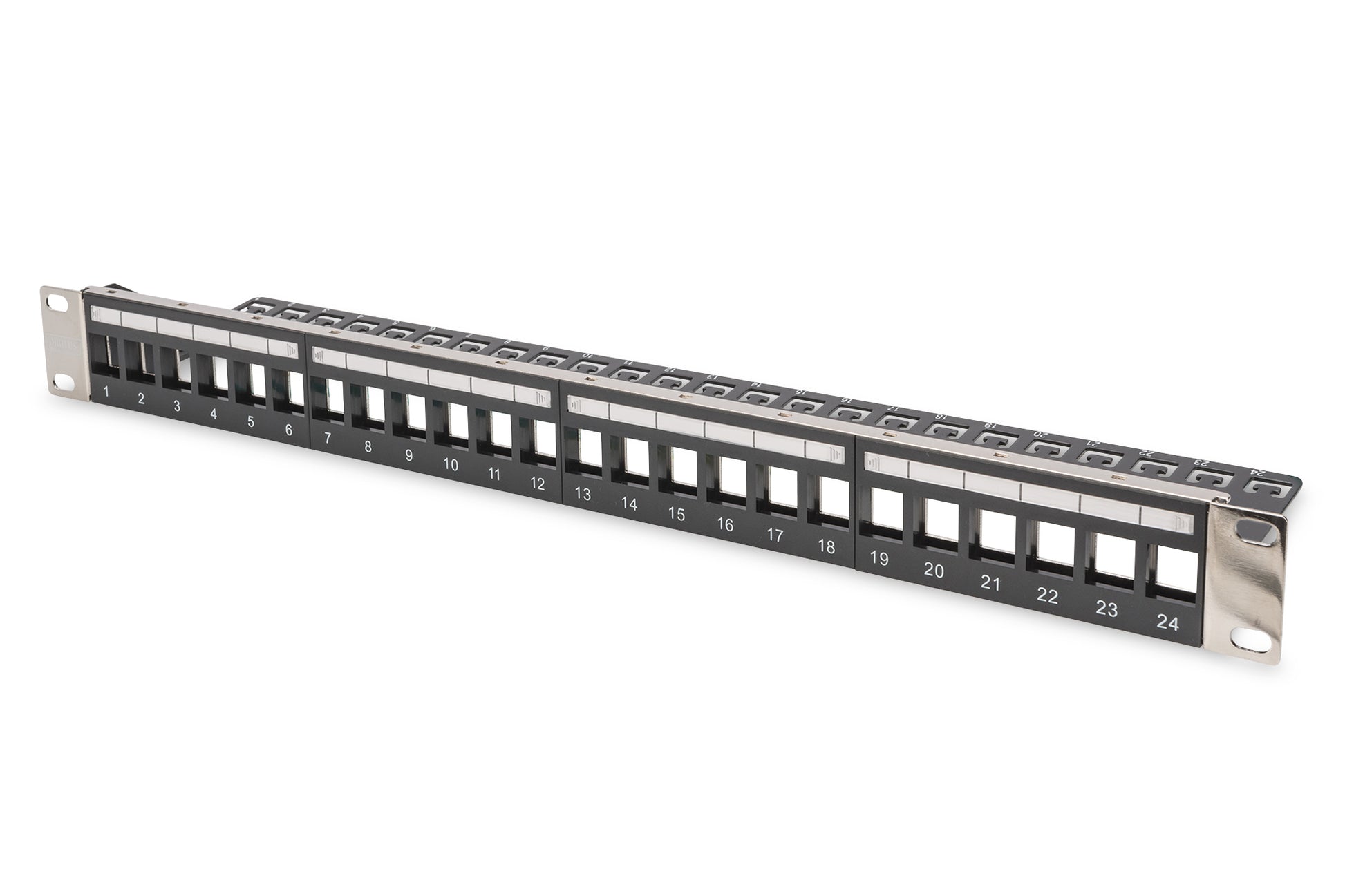 Digitus Patchpanel – 24-Port, unbestückt, 1U, schwarz, für Cat5e, Cat6, Cat6a