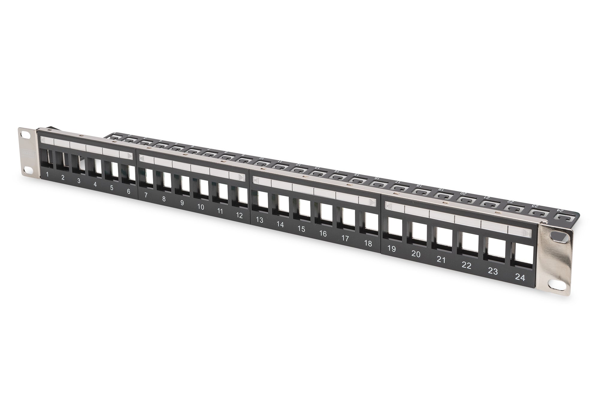 Digitus Patchpanel – 24-Port, unbestückt, 1U, schwarz, für Cat5e, Cat6, Cat6a