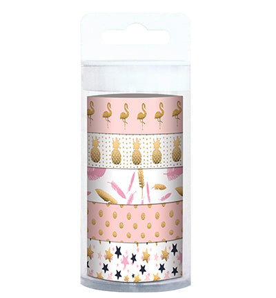 URSUS Washi Tape Tropic Flamingo – 15 mm × 10 m, gold, pink – 5 Rollen, Papier