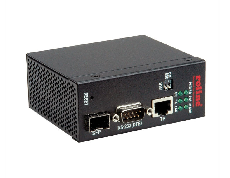 ROLINE Medienkonverter RJ-45/SFP zu RS-232 – 100 Mbit/s, Multimode SFP 2 km, PoE, DIN-Hutschiene, Schwarz
