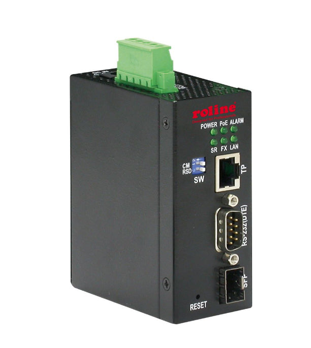 ROLINE Medienkonverter RJ-45/SFP zu RS-232 – 100 Mbit/s, Multimode SFP 2 km, PoE, DIN-Hutschiene, Schwarz