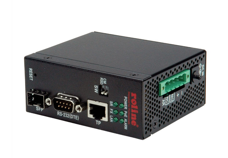 ROLINE Medienkonverter RJ-45/SFP zu RS-232 – 100 Mbit/s, Multimode SFP 2 km, PoE, DIN-Hutschiene, Schwarz
