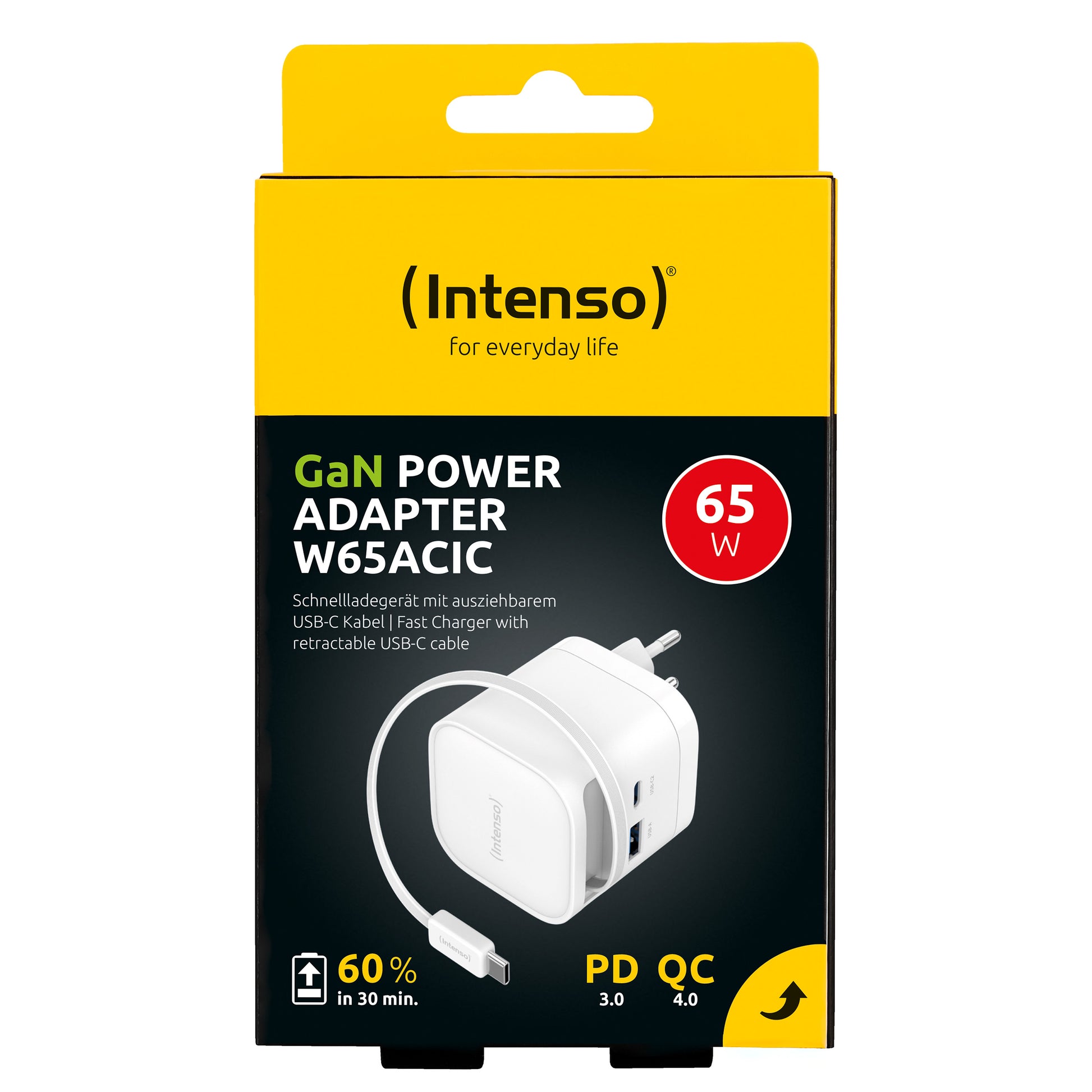 Intenso W65ACIC USB-Ladegerät 65 W – USB-C×2, USB-A×1 – PD 3.0, PPS, QC 4.0, GaN, EU-Stecker (Typ C)
