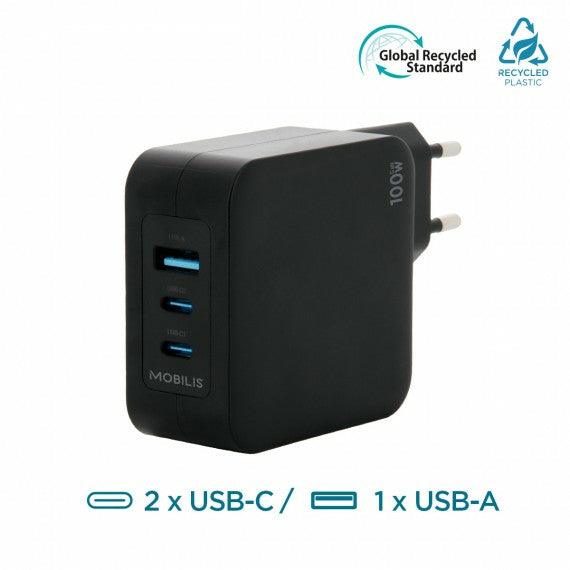 Mobilis Netzteil – 100 W, 2× USB-C + 1× USB-A, GaN, mit 2 m Kabel