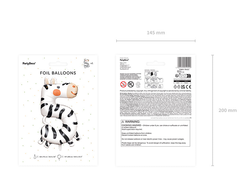 PartyDeco Folienballon Zahl 5 Zebra – mehrfarbig – 68 × 98 cm – 1 Stk