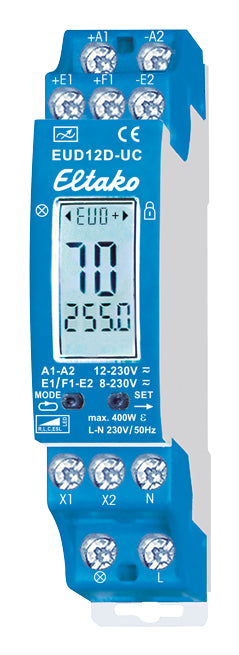 Eltako Controller – 230 V, 400 VA, Phasenanschnitt, 1× Tastereingang, IP20 – Blau – EUD12D-UC