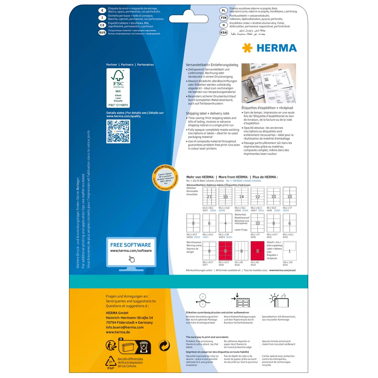 HERMA Drucketiketten, 50 mm × 142 mm, weiss, Papier, permanent, 200 Etiketten (25 Blatt)