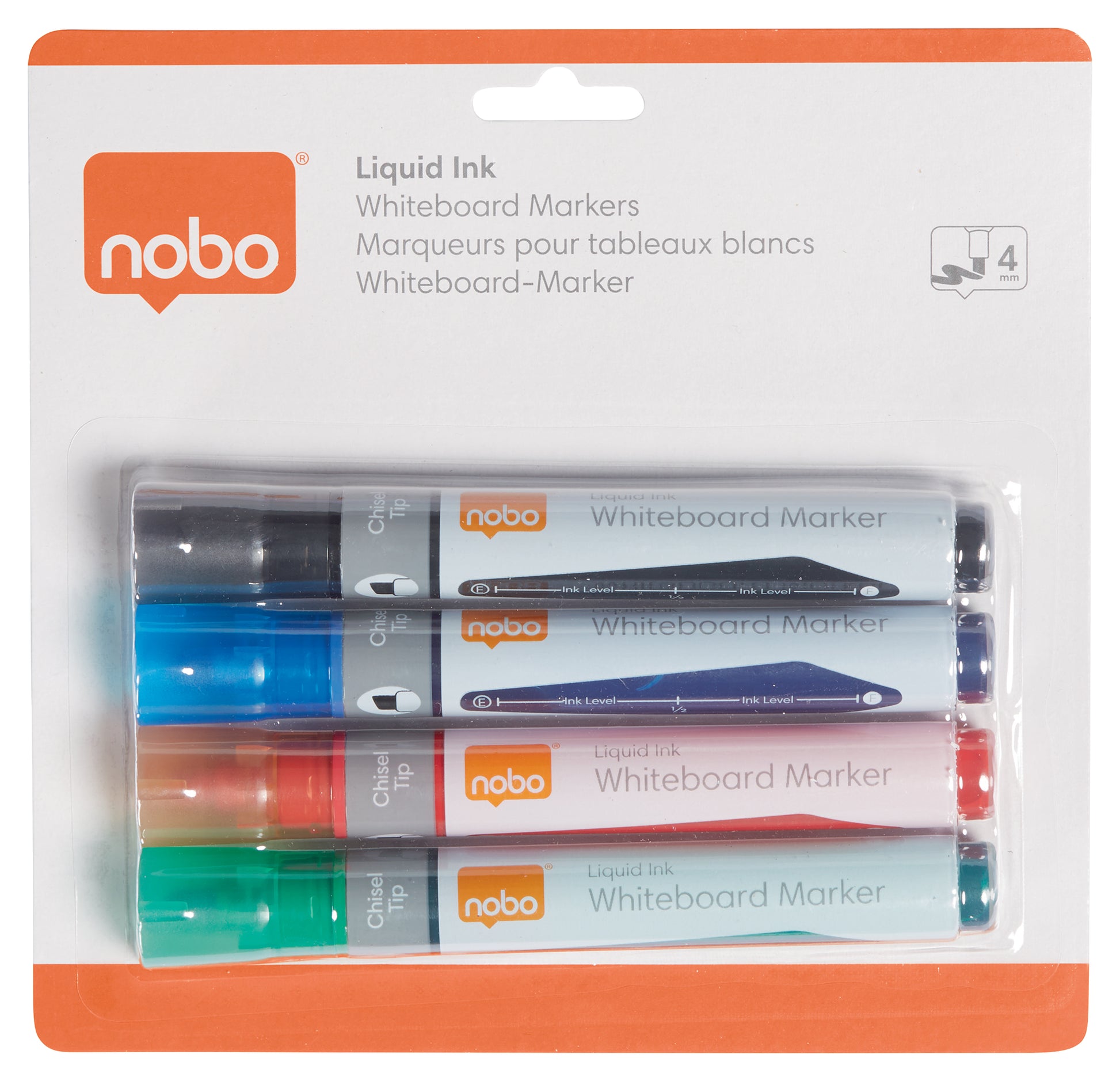 Nobo Whiteboard-Marker – 4 Farben, 4 Stück, trocken abwischbar – für Whiteboards, Flipcharts und OHP-Folien