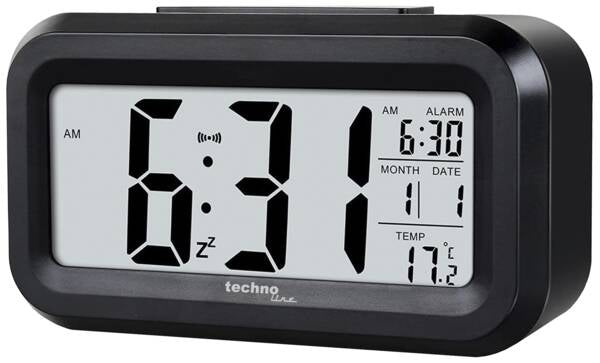 Technoline Digitalwecker – Funk, Schlummerfunktion, Thermometer/Hygrometer, Nachtlicht, 7,5 × 13,5 × 4,8 cm, Schwarz