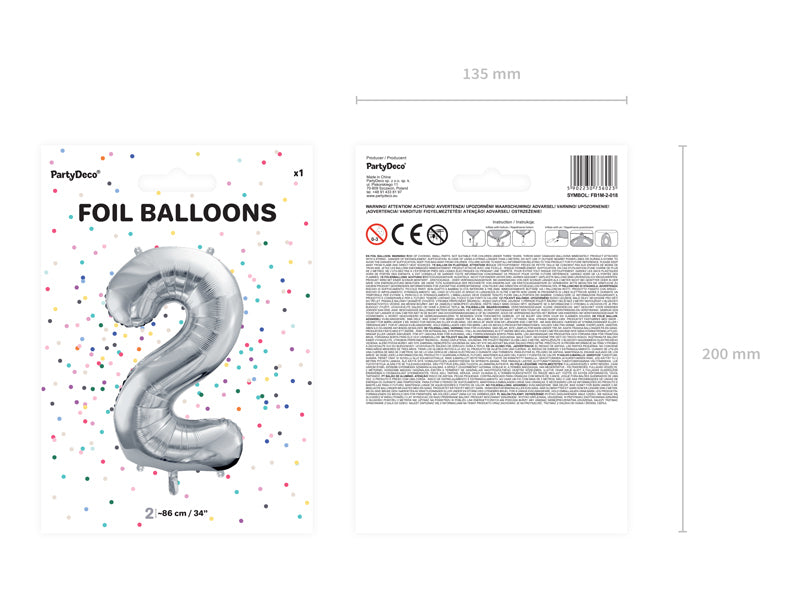 PartyDeco Folienballon Zahl 2 – Silber – 86 cm – Folie – 1 Stück