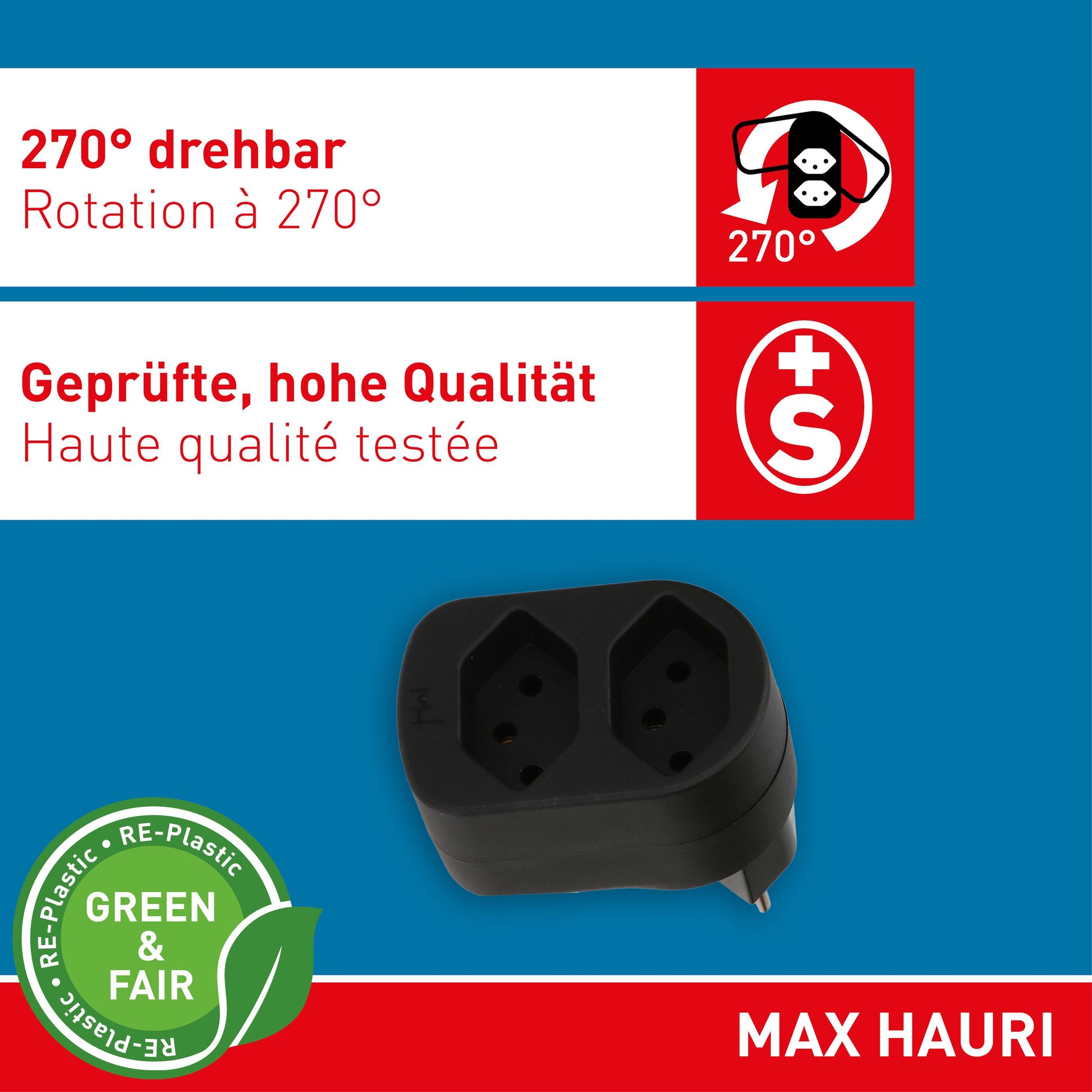 Max Hauri AG Max Hauri Steckdosenleiste, 2×T13, Eingang T12, ohne Schalter, IP20 – Schwarz