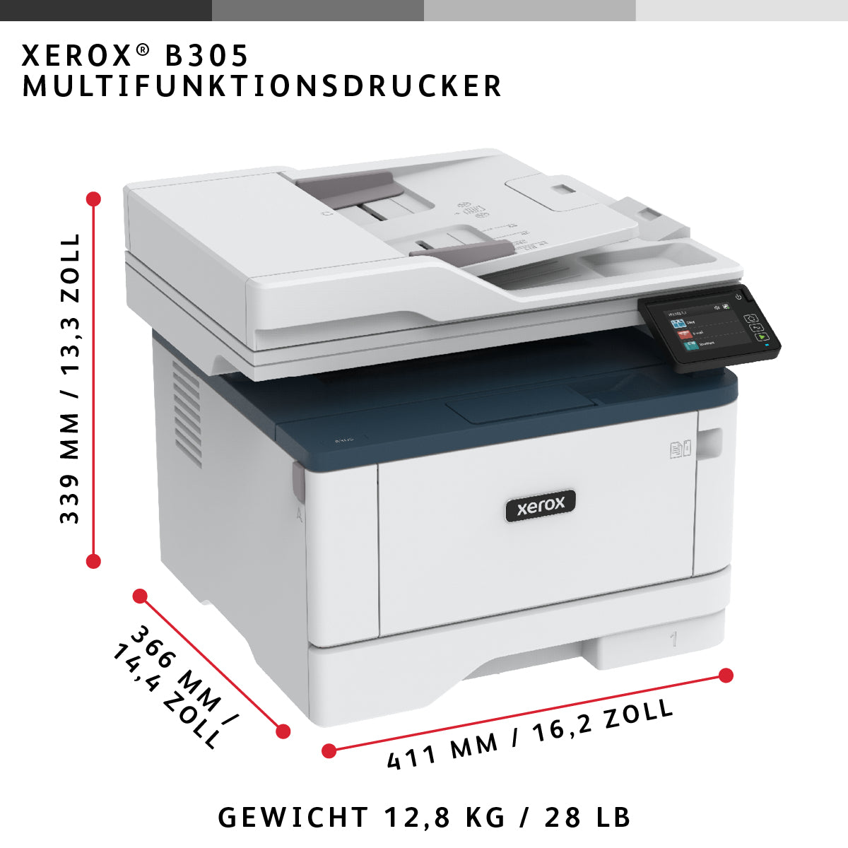 Xerox B305 – SW Laser-Multifunktionsdrucker, A4, 3-in-1, Duplex, ADF, WLAN/LAN, AirPrint, Mopria, Touchscreen