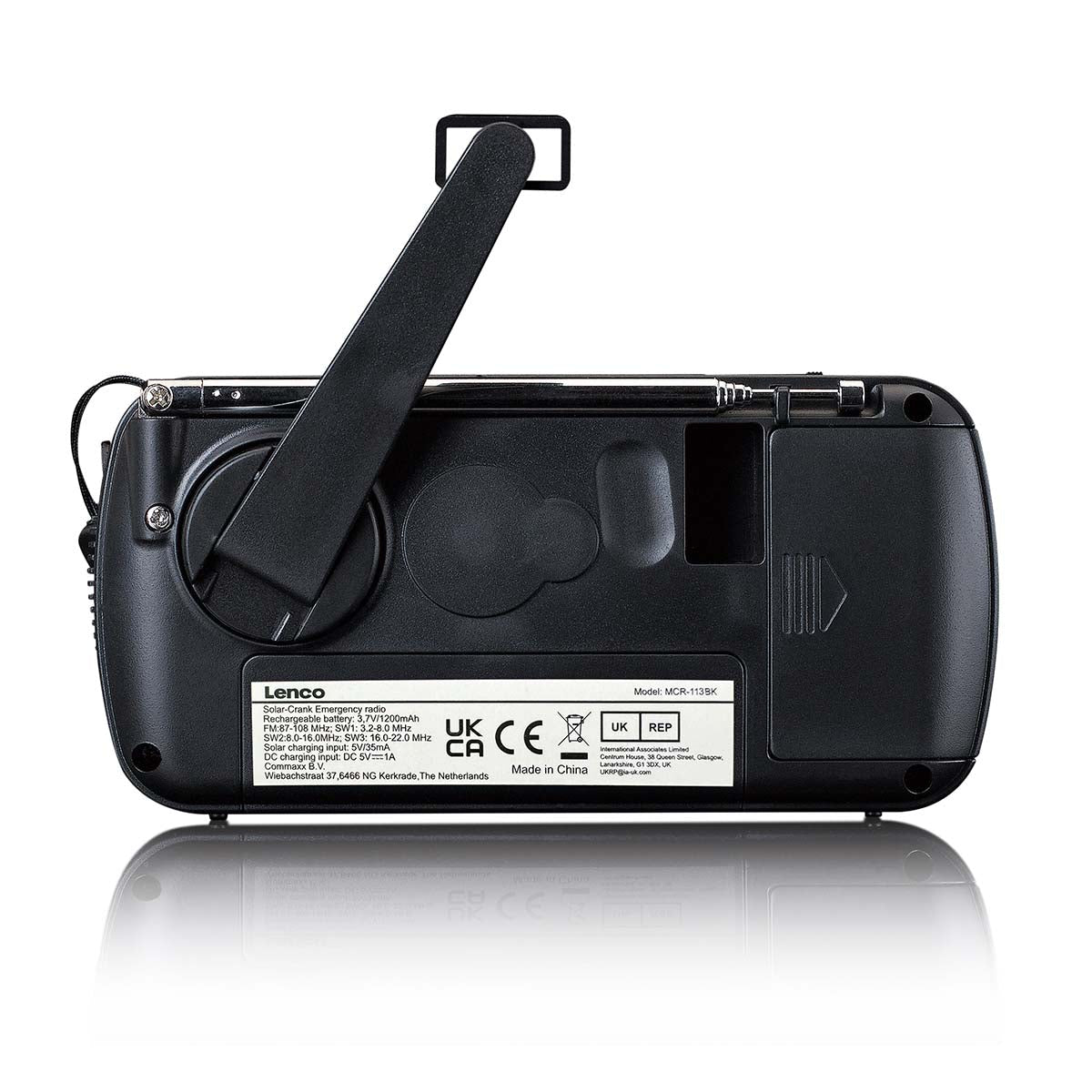Lenco MCR-113BK – Tragbares Radio, UKW, Kurbel/Dynamo, Solar-/USB-C-Ladung, Powerbank, Lampe – Schwarz