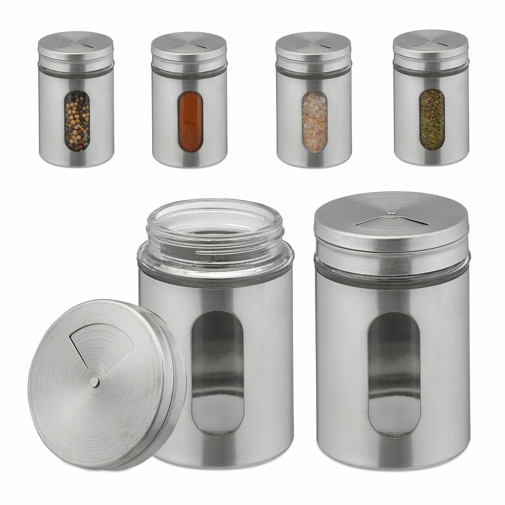Relaxdays Streudose 290 ml, Ø 7 × 11 cm, Glas/Edelstahl, transparent/silber, 6 Stk.