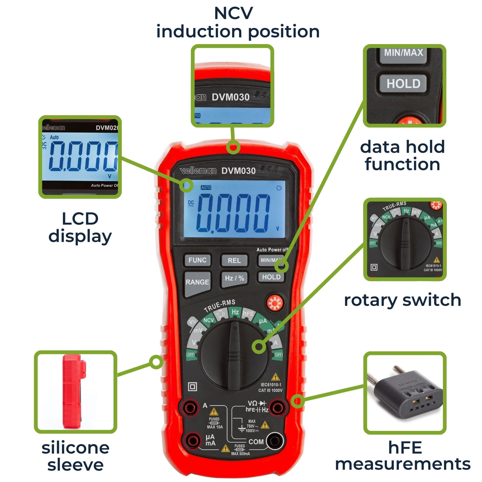 Velleman True-RMS-Multimeter, 1 µA–10 A AC, CAT III 1000 V