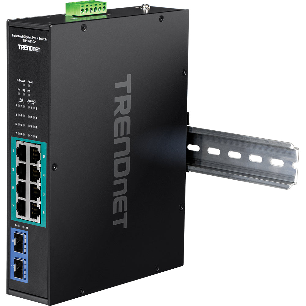 Trendnet TI-PGM102 – Industrieschalter – 8× 1G, 2× SFP, PoE+, PoE-Budget 240 W, Hutschiene