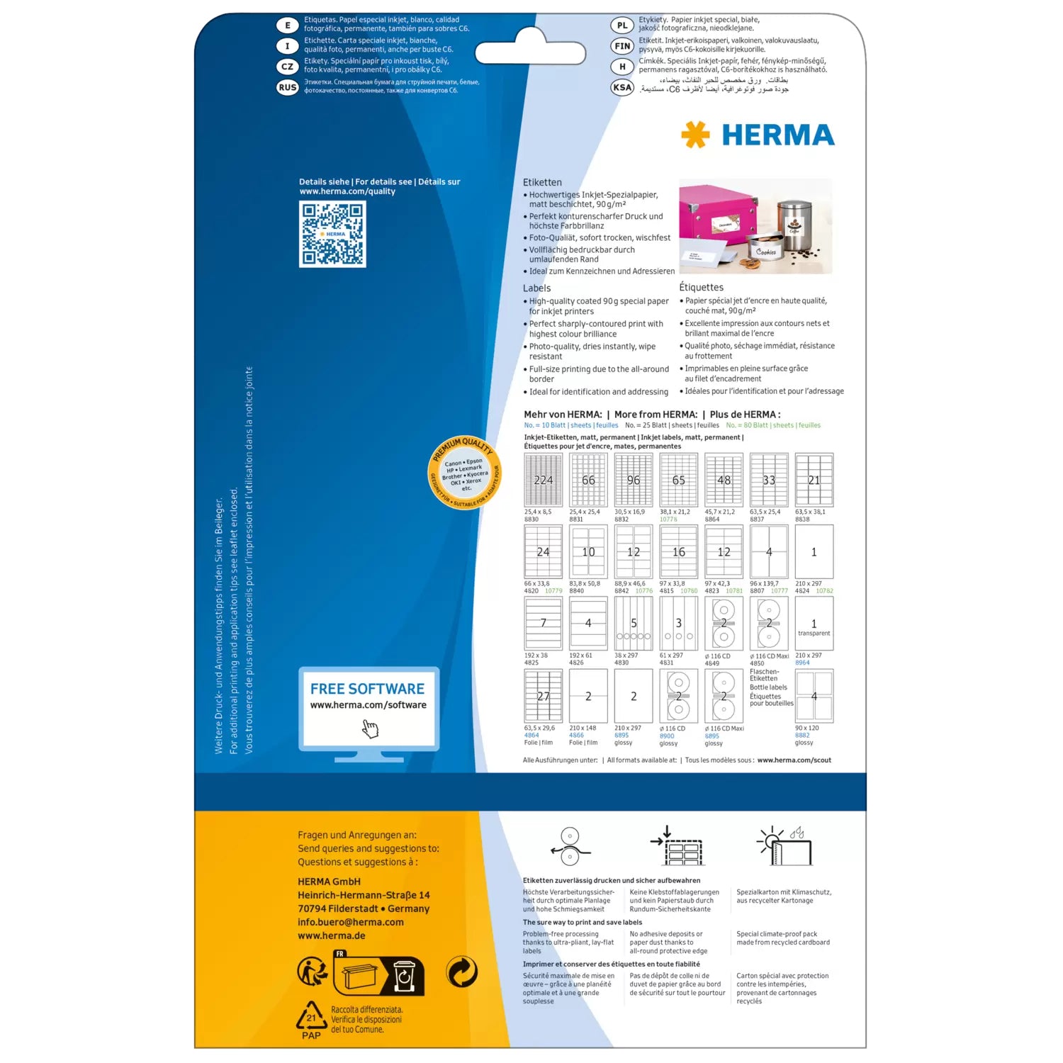 HERMA Druckeretiketten, 97 mm × 42 mm, weiss, Papier, permanent, 300 Etiketten (25 Blatt)