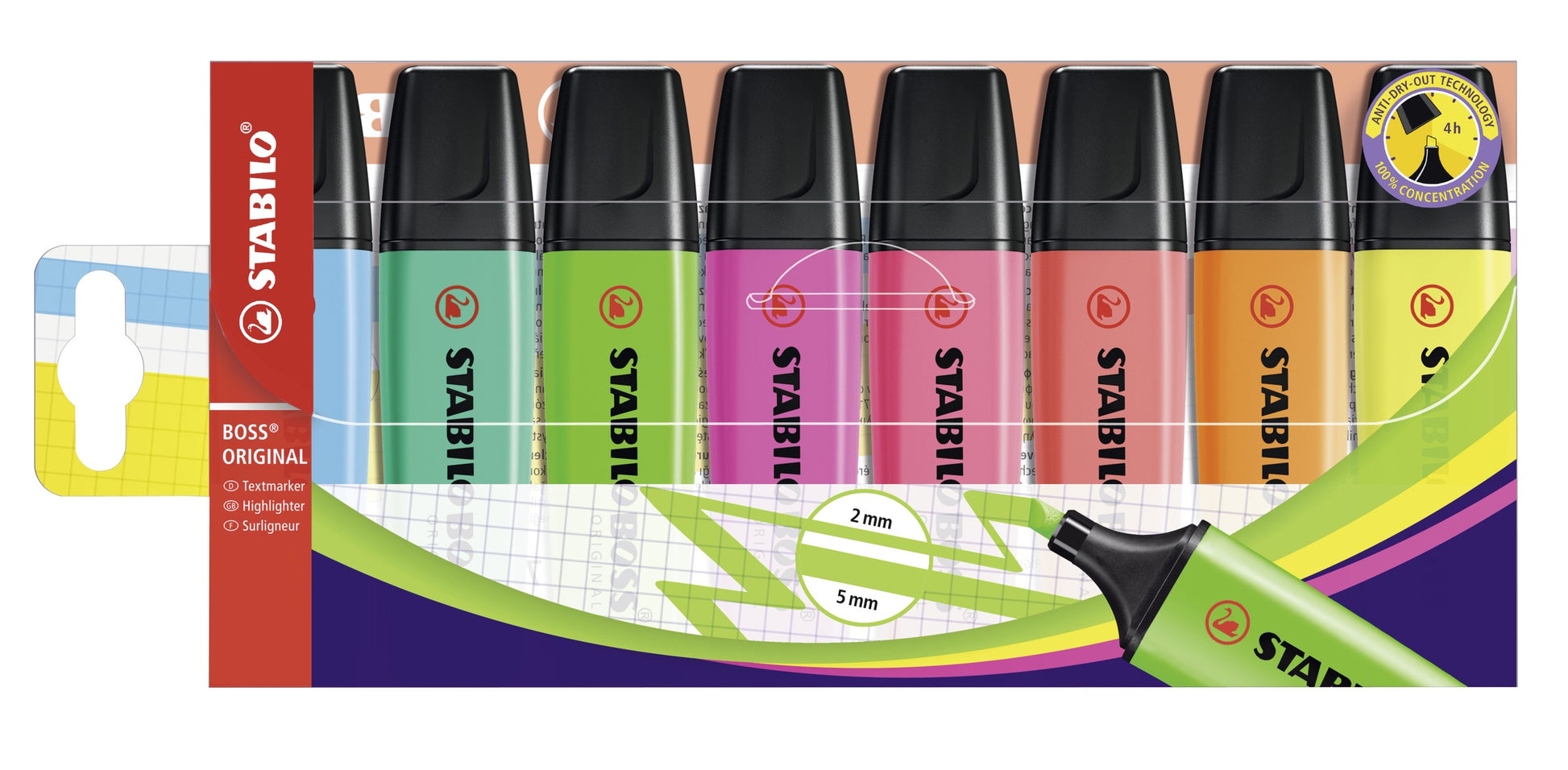 STABILO BOSS Original Textmarker Set 8 Farben – Keilspitze, 2–5 mm, nachfüllbar