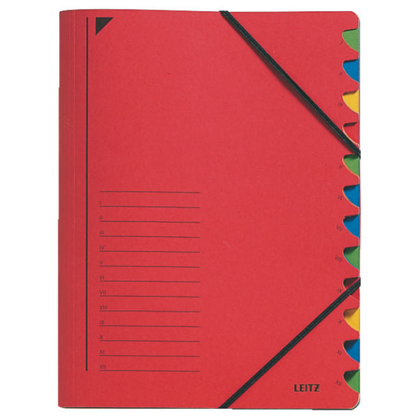 Leitz Fächermappe A4 – 12 Fächer, Gummiband, Karton, Rot