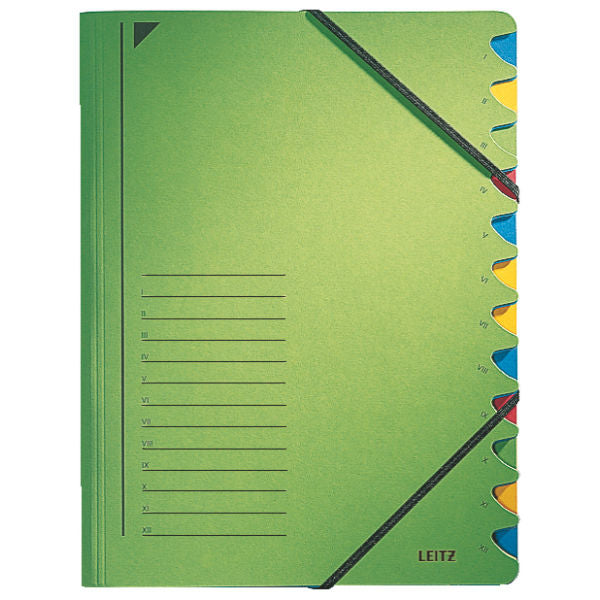 Leitz Fächermappe A4 – 12 Fächer, Gummiband, Karton, Grün, farbige Greifauschnitte