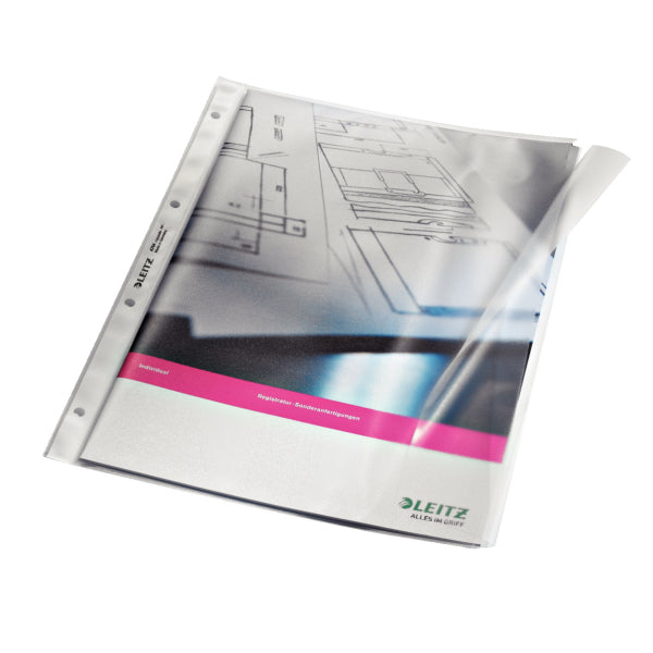 Leitz Prospekthülle A4, blendfrei genarbt, 120 µm, mit Klappe, transparent – 50 Stück
