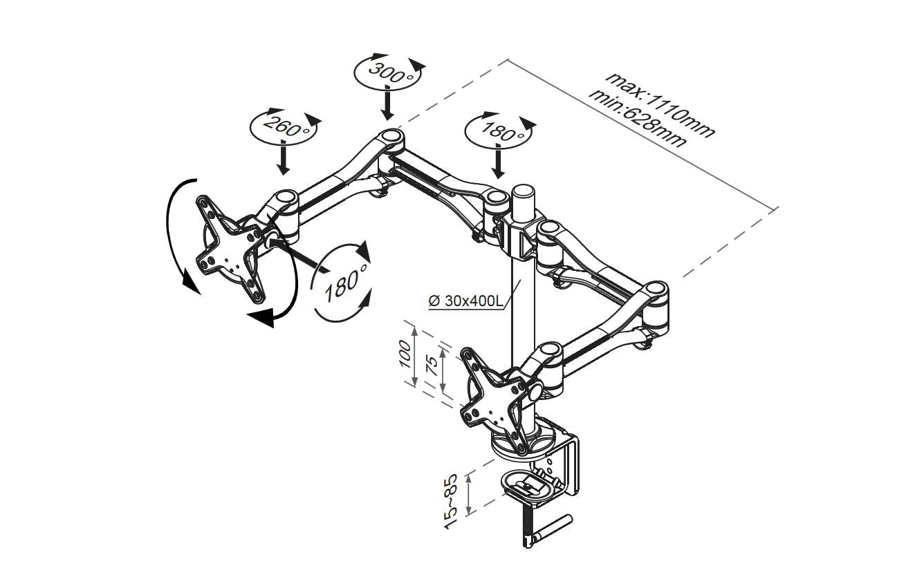 Neomounts Monitorarm, Dual, Tischklemme, bis 30", höhenverstellbar, neigbar, schwenkbar, silber