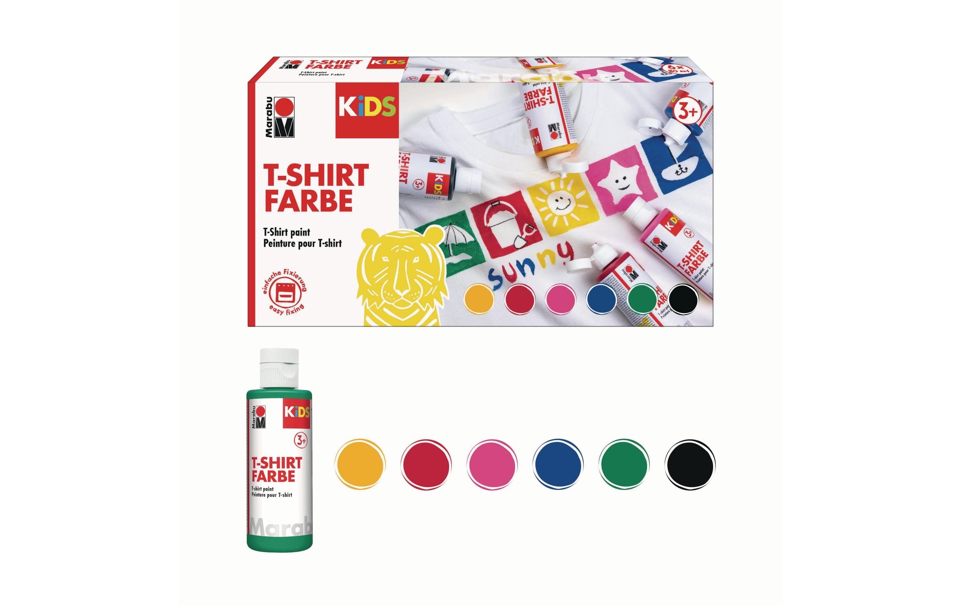 Marabu KiDS Textilfarbe – Mehrfarbig – 6 Farben, 6×80 ml (480 ml) – für helle Stoffe
