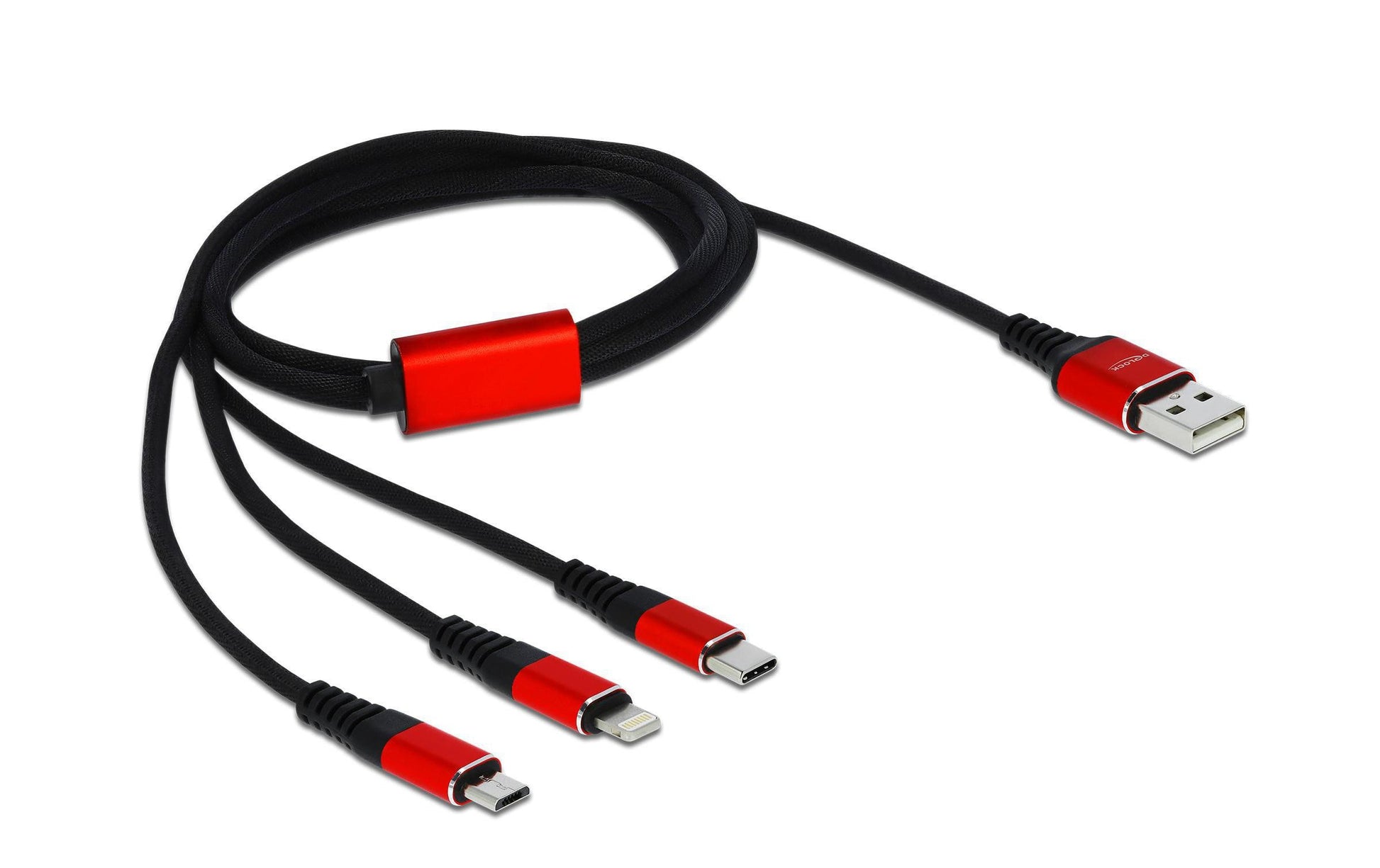 DeLOCK USB-A auf Lightning/Micro-USB-B/USB-C Kabel – USB 2.0 (480 Mbit/s) – 1 m – Textilmantel – Schwarz/Rot
