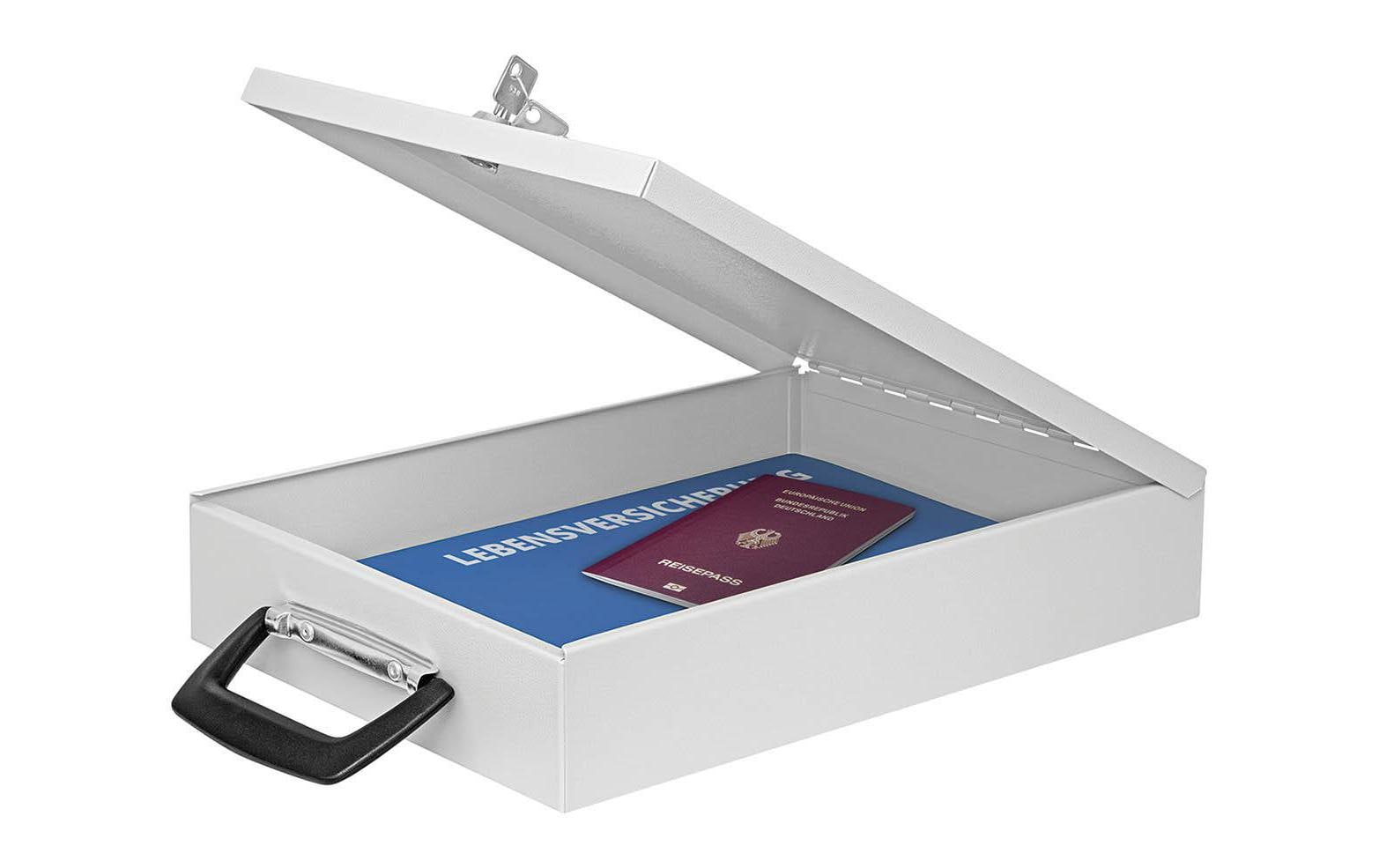 Wedo Dokumentenkassette – mit Schlüssel – 35,5 × 26 × 6,7 cm – Weiss – Stahl