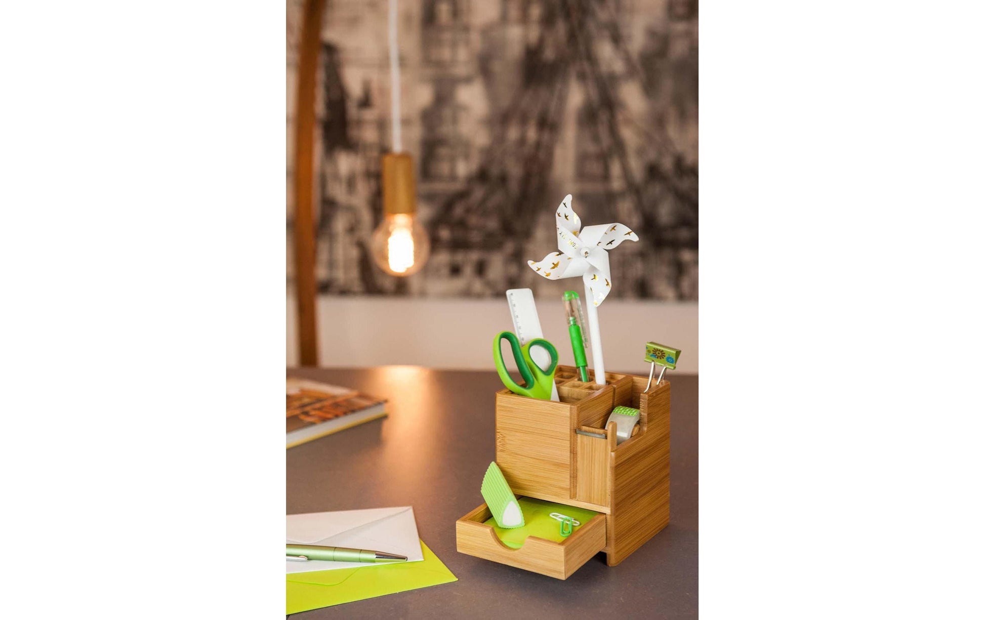 Wedo Utensilienbox – 9 Fächer, natur, Bambus, B 103 × H 117 × T 103 mm