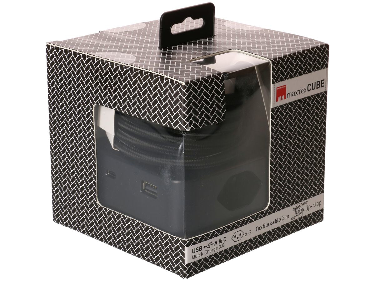 maxTEX Cube Steckdosenleiste – 3× T13, USB‑A/C, 2 m, ohne Schalter, schwarz
