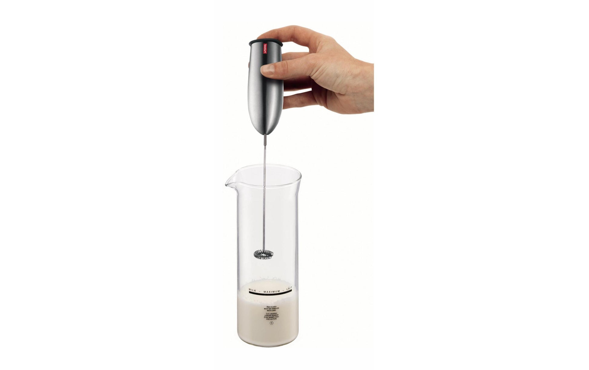 Bodum Hand-Milchschäumer Schiuma 3043-16 – Batteriebetrieben, Kunststoff, Silber