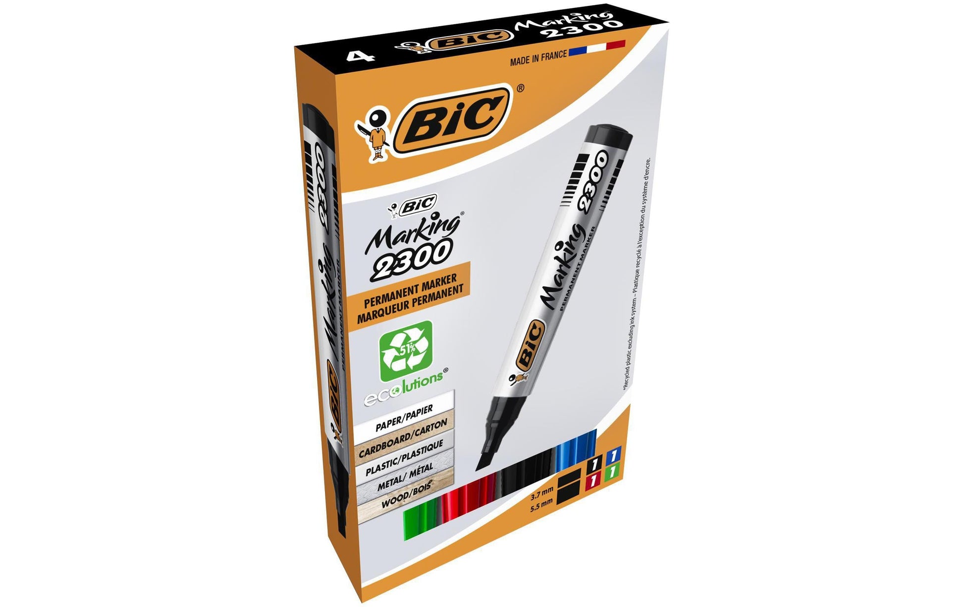 BIC Marking 2300 Permanentmarker – Keilspitze 3,1–5,3 mm – Mehrfarbig, 4er-Pack, für Karton, Glas und Kunststoff