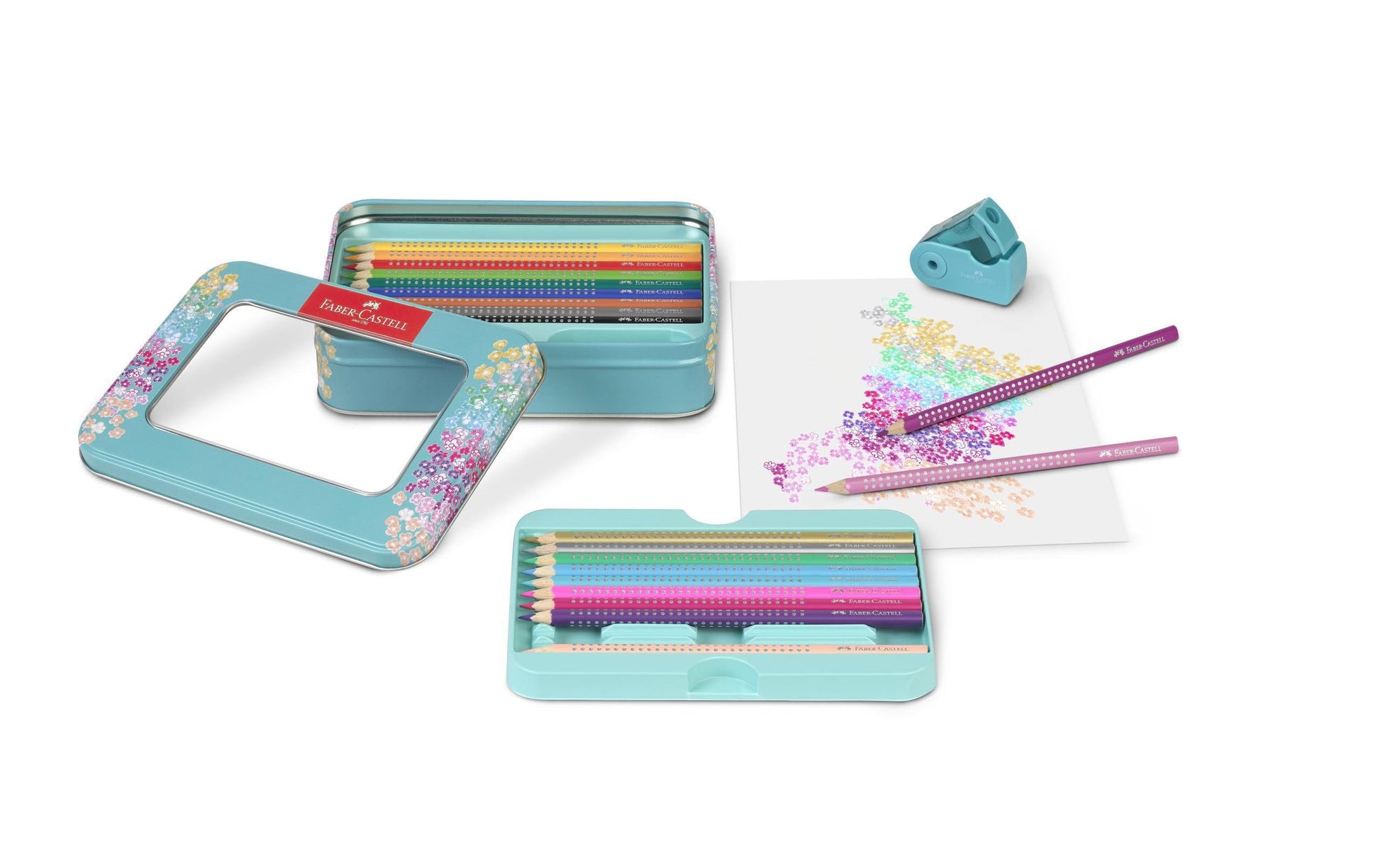 Faber-Castell Aquarellfarbstifte Grip Sparkle – 20 Farben, im Metalletui, mit Spitzer, Ø 3 mm, dreikantig, FSC