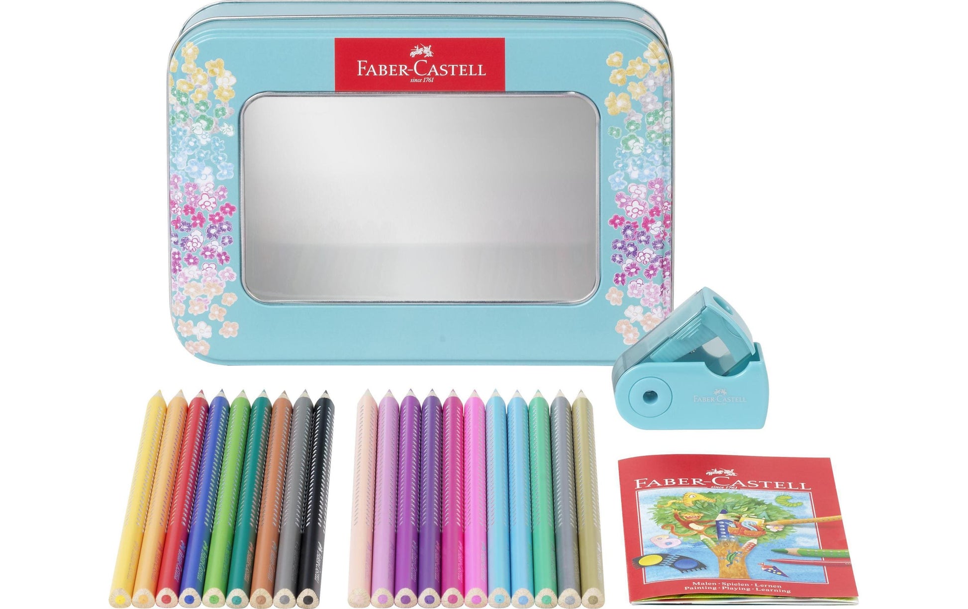 Faber-Castell Aquarellfarbstifte Grip Sparkle – 20 Farben, im Metalletui, mit Spitzer, Ø 3 mm, dreikantig, FSC