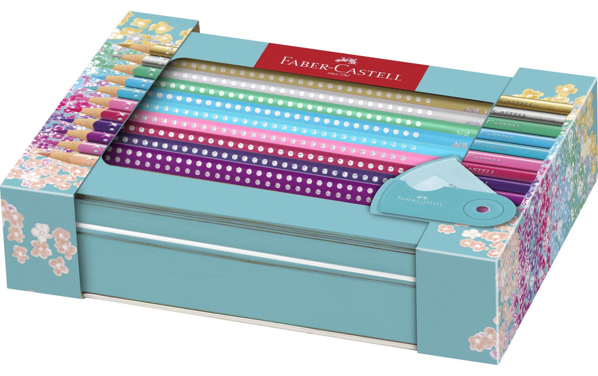 Faber-Castell Aquarellfarbstifte Grip Sparkle – 20 Farben, im Metalletui, mit Spitzer, Ø 3 mm, dreikantig, FSC