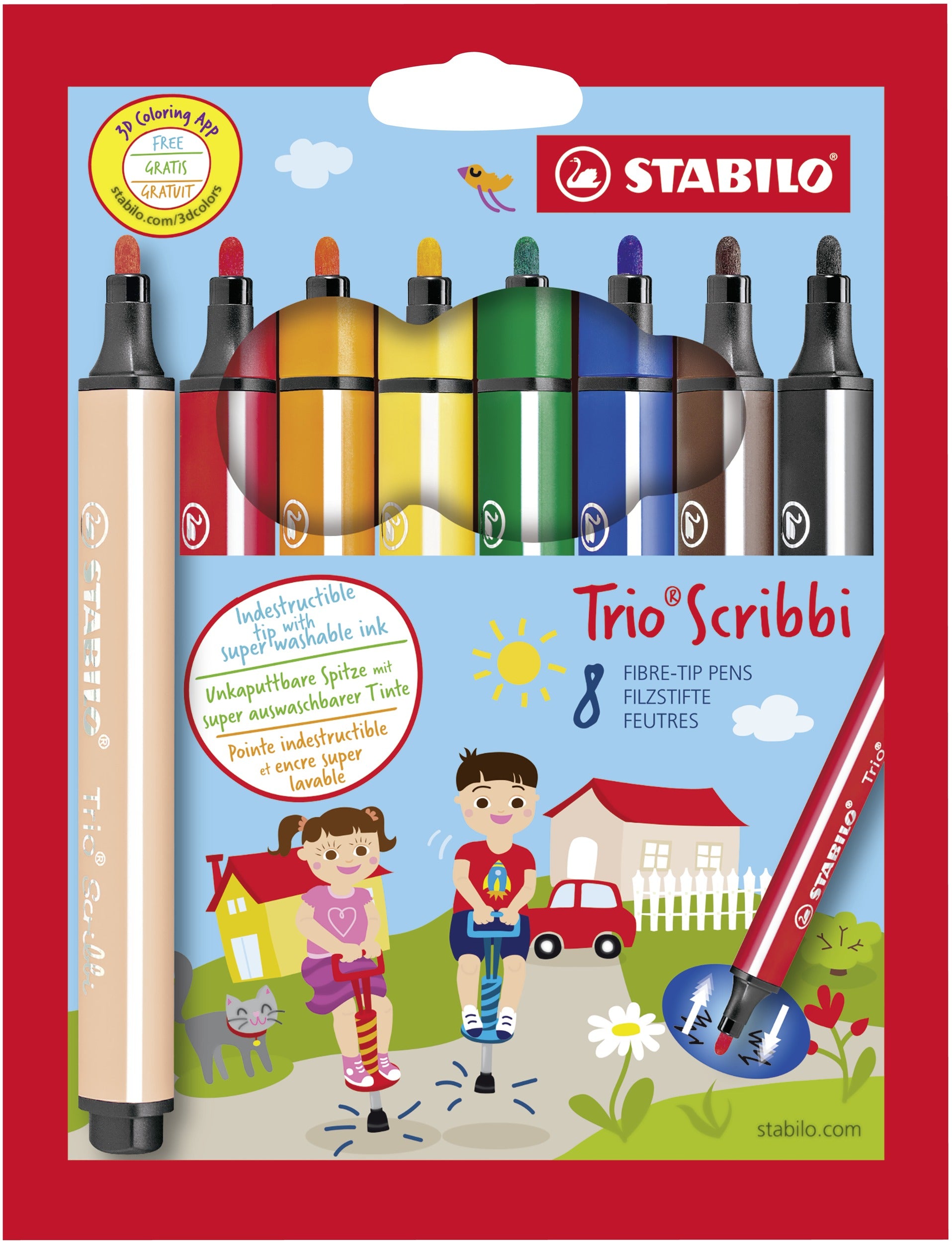 STABILO Filzstifte Trio Scribbi, Strichbreite 1,5–2 mm, auswaschbar, 8 Farben