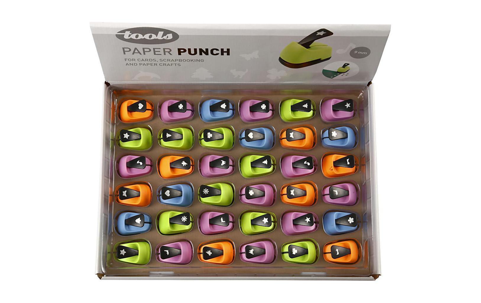 Creativ Company Motivstanzer, Diverse Motive (18 Designs), Ø 9 mm, farbig sortiert, 36 Stück