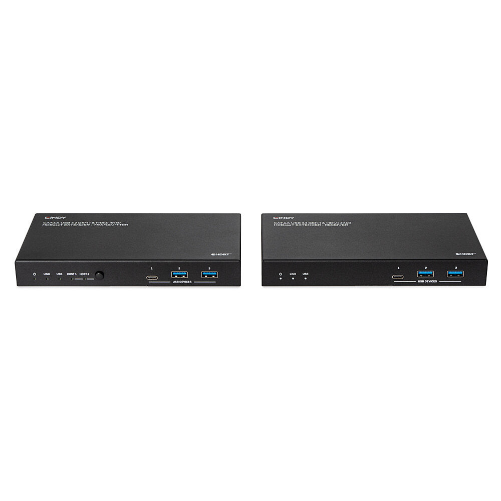 Lindy 39365 – HDBaseT Extender-Set, über Cat6a, USB 3.2 Gen 1 4×/2×, RJ-45 1×/1×, 100 m, PoE
