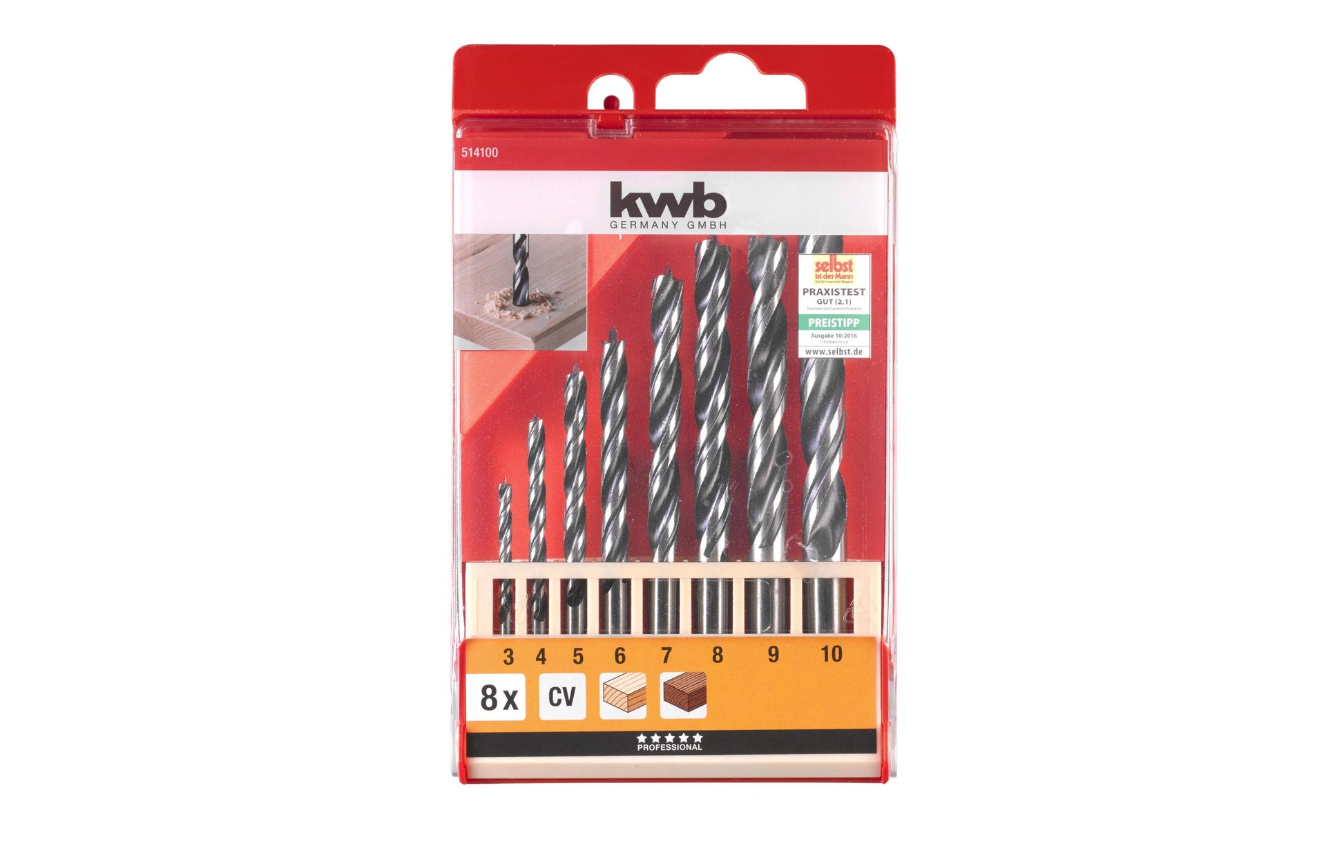 kwb Holzbohrer-Set, 8-tlg., 3–10 mm Zylinderschaft – für Holz