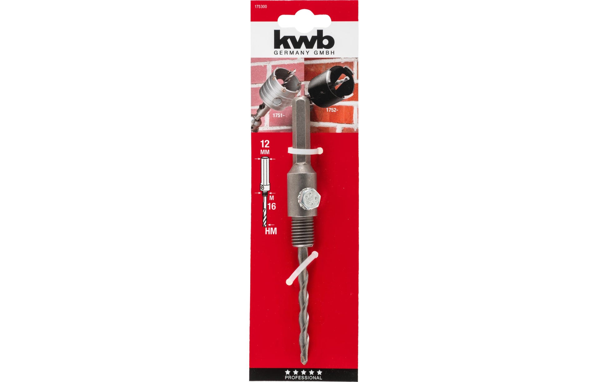kwb 12 mm Sechskantschaft (SW12), Gewinde M16 – für Mauerwerk & Beton – 1 Stück – mit Zentrierbohrer