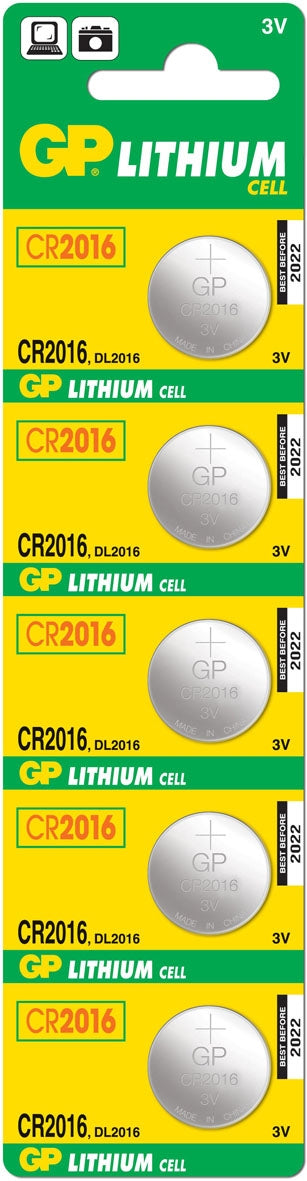 GP Batteries Knopfzellen CR2016, Lithium, 3 V – 5 Stk.