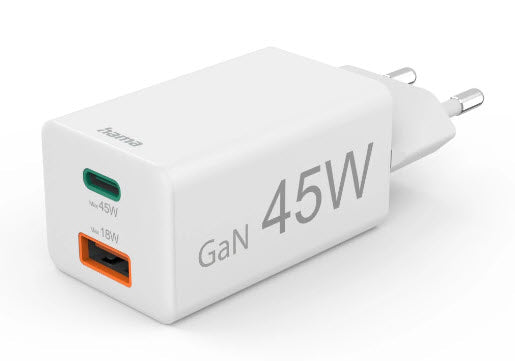 Hama 00201993 USB-Ladegerät 45 W – USB-C×1, USB-A×1 – PD, QC 3.0 – GaN, EU-Stecker (Typ C), Weiss