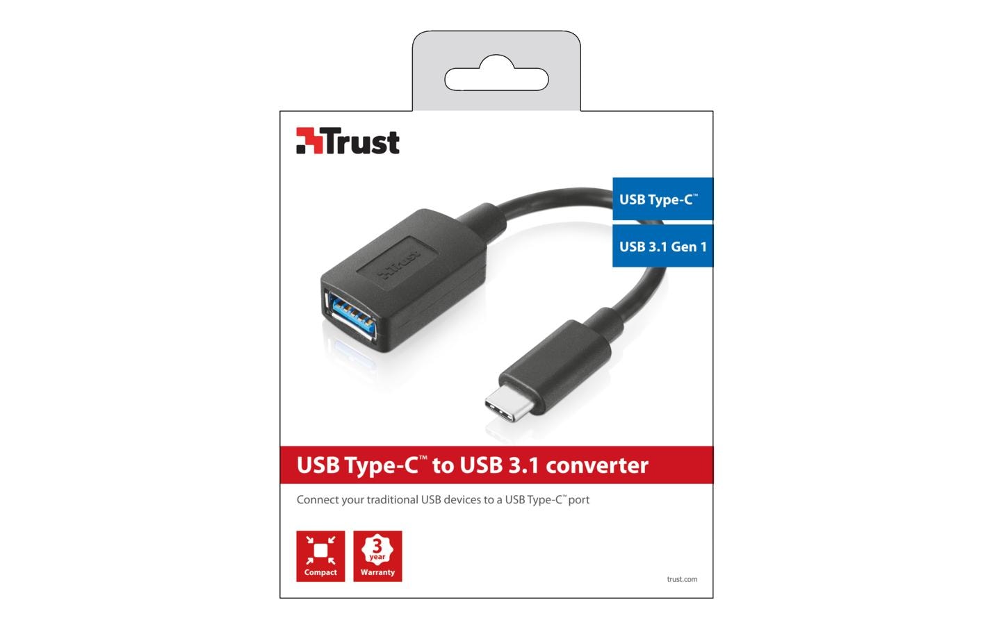 Trust 20967 Adapter USB-C zu USB-A – USB 3.2 Gen 1 (5 Gbit/s), 0,09 m, Schwarz