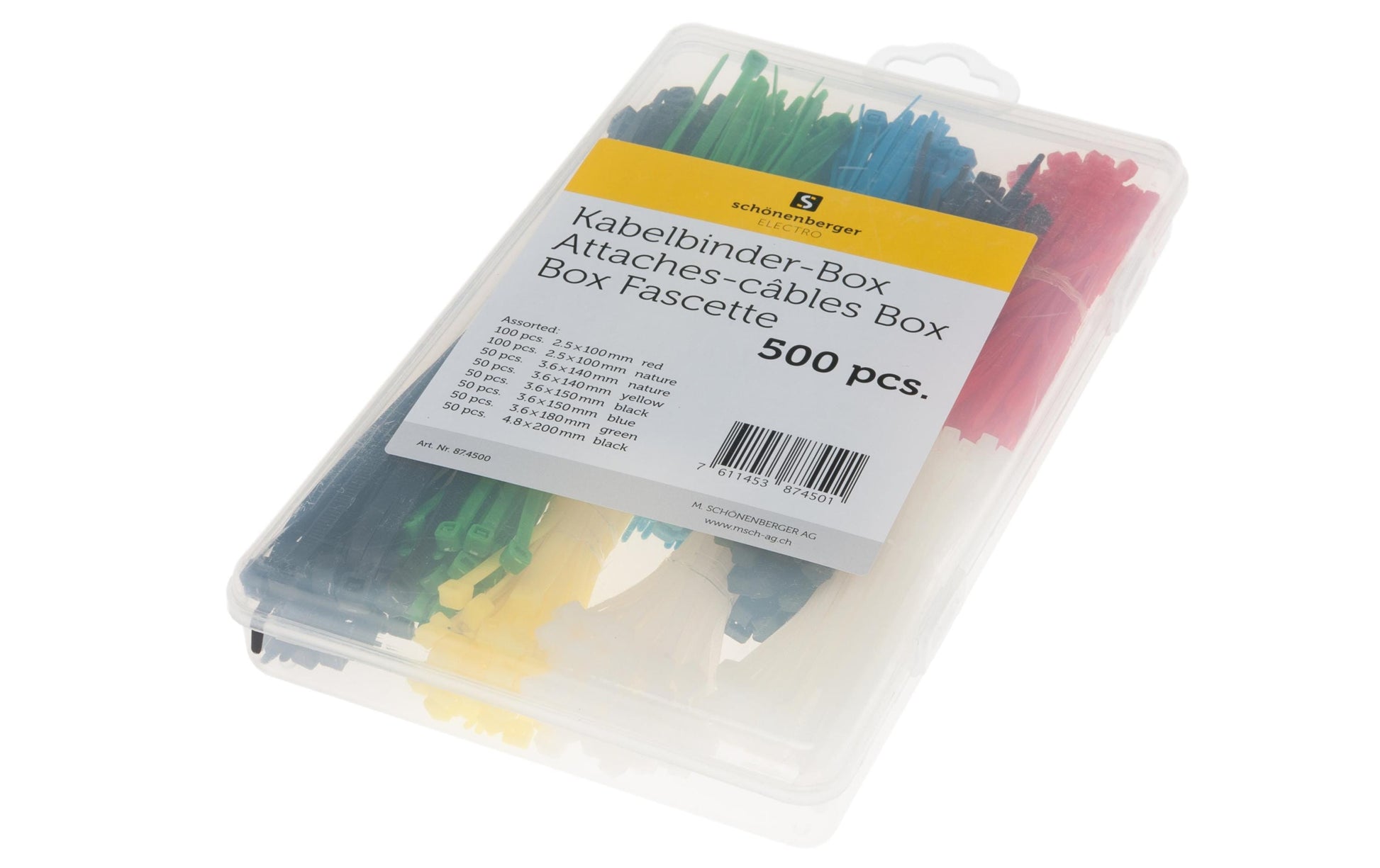 M. Schönenberger Schönenberger Kabelbinder-Set – 500 Stk., 2,5 × 100 bis 4,8 × 200 mm, Kunststoff, farbig gemischt