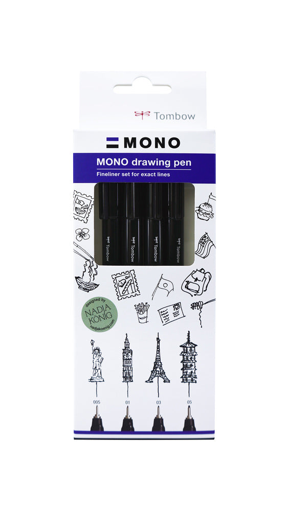 Tombow Mono Drawing Pen Fineliner – 4er-Set – Schwarz – Wasserfest