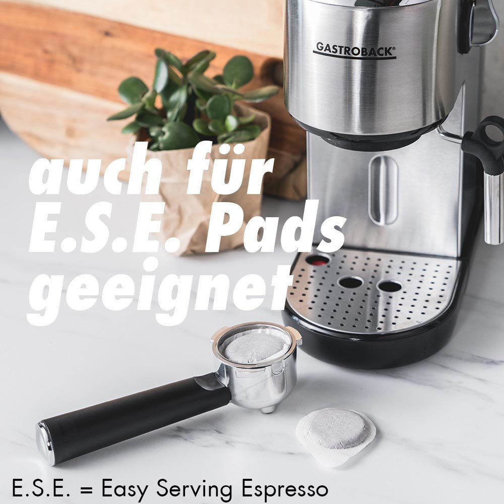 Gastroback Piccolo Espressomaschine (Siebträger) – 19 bar, 1,5 l, Milchschaumdüse, Silber