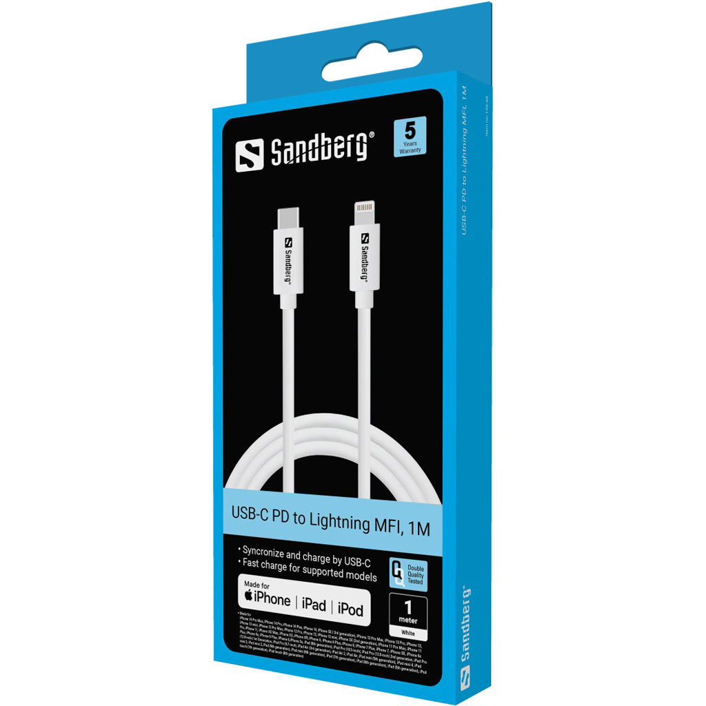 Sandberg Kabel – Lightning auf USB‑C 1 m, MFi zertifiziert, Weiss – für iPhone/iPad
