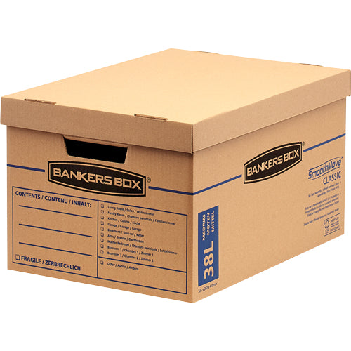 Fellowes Versandkarton SmoothMove – 445 × 325 × 260 mm, 38 l, Deckel, Griffe, verstärkter Boden – 10 Stk.